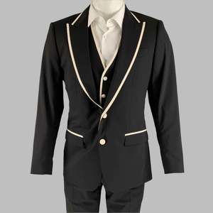 DOLCE & GABBANA Chest Black White Solid Wool Blend Peak Lapel Suit